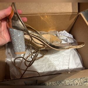Crystal Block Heel Gold Lace-Up Sandals